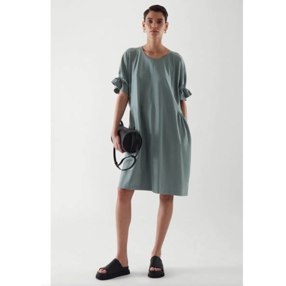 COS Blue Gray Ruffle Sleeve Cotton Stretch Dress M Pockets Casual Travel Relaxed